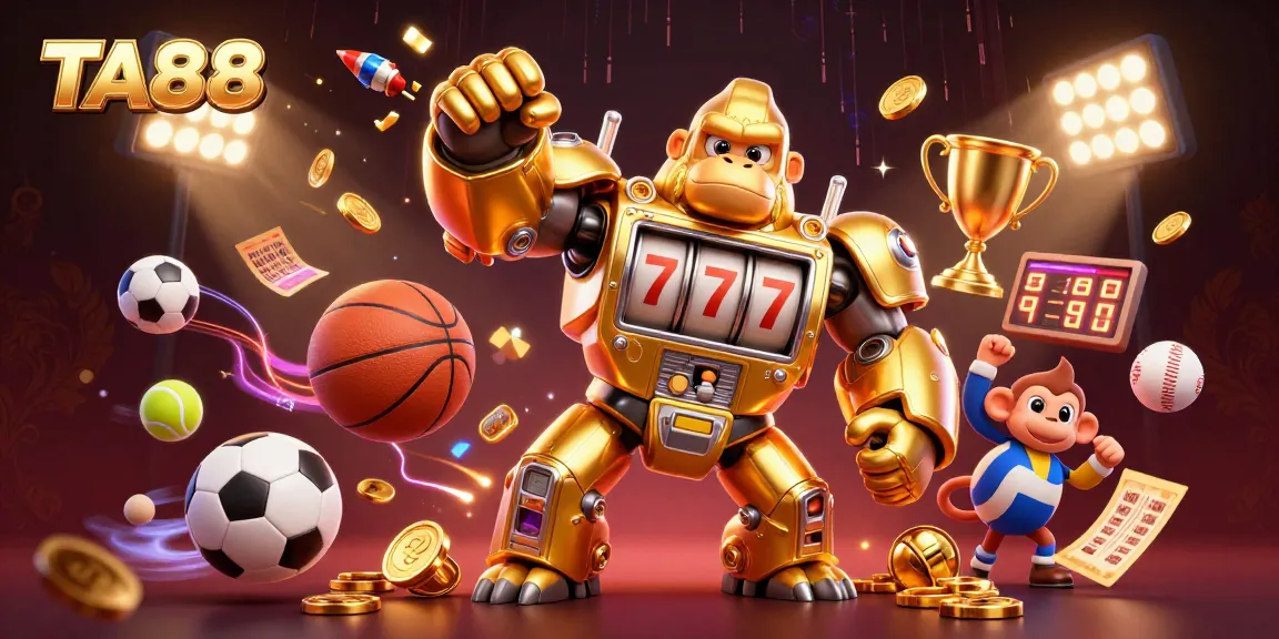 Experience excitement at TA88 with a stunning golden gorilla mech amidst dynamic sports elements.