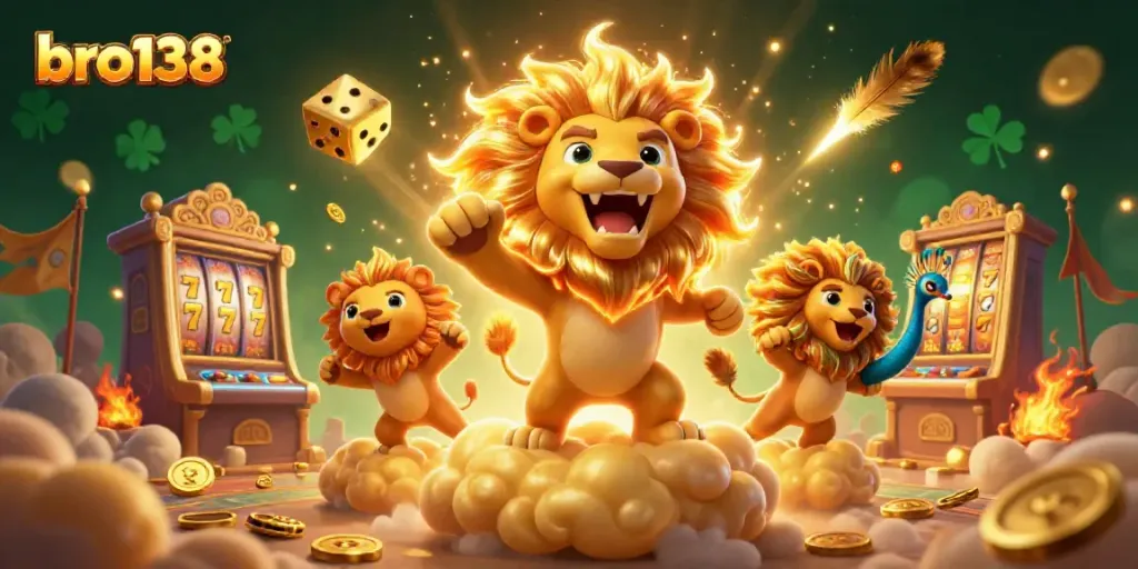 Experience thrilling games at bro138 with a roaring lion, golden dice, and vibrant slot machines.