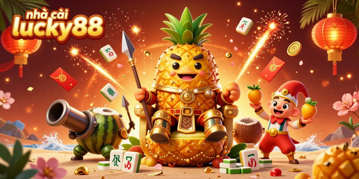Experience the vibrant excitement of nhà cái lucky88 with a golden pineapple king and casino elements.