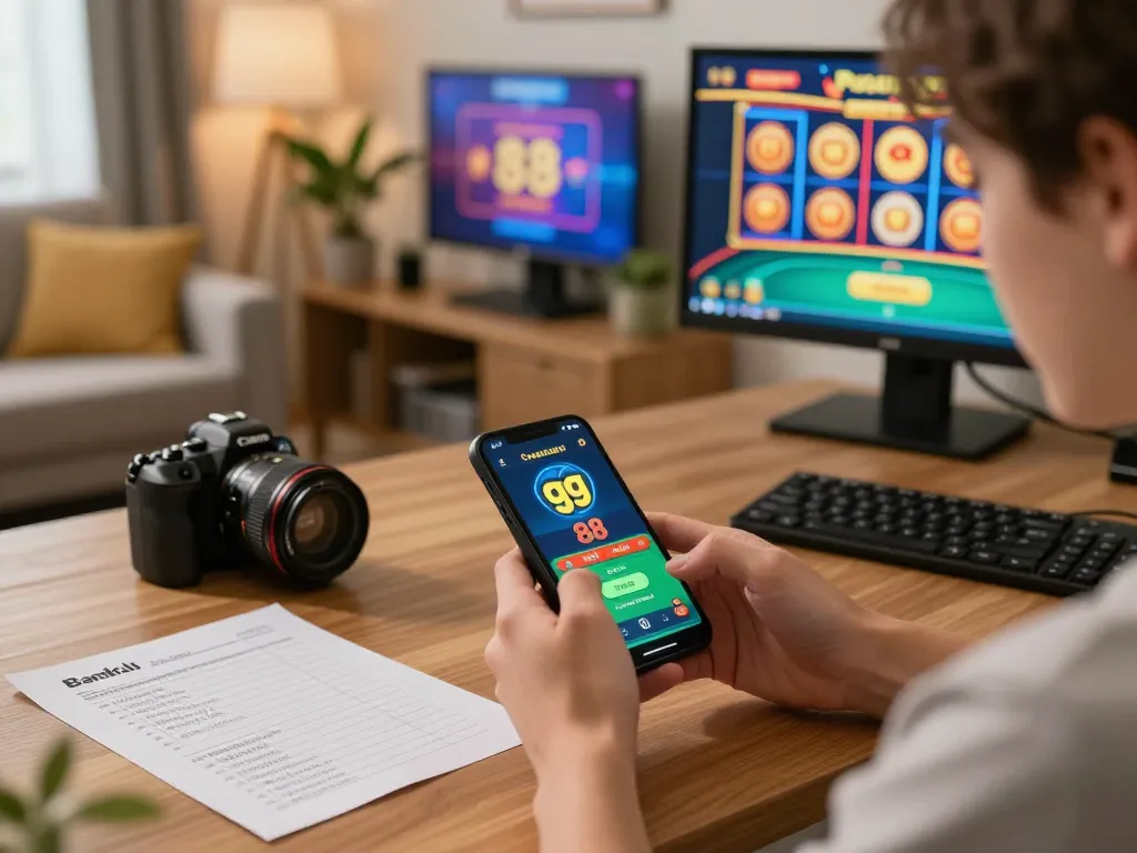 Engaging with the gg 88 casino app on a smartphone in a cozy, responsible gaming setup.