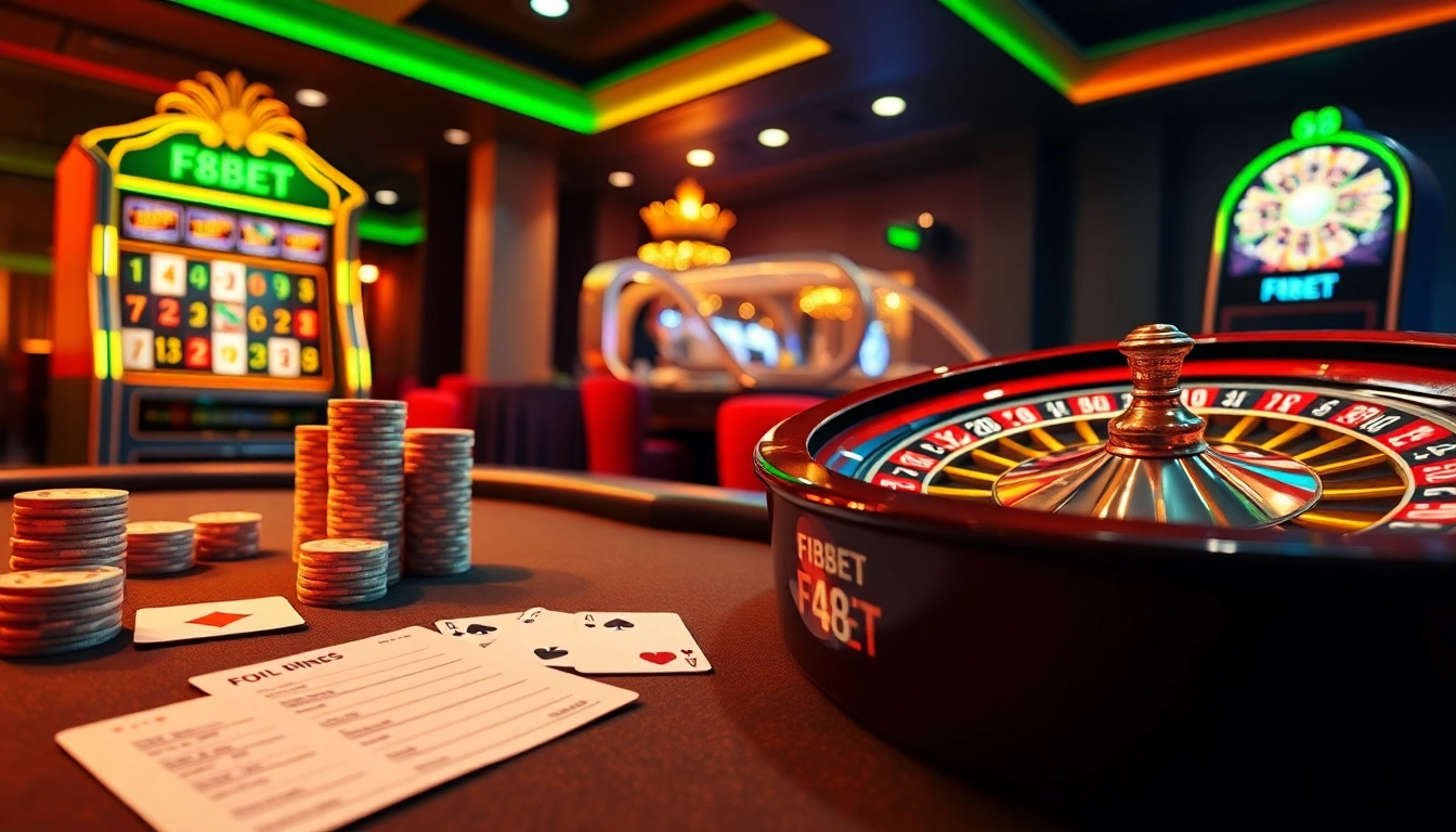 Experience the thrill of betting at F8BET with vibrant casino visuals showcasing poker and slot games.
