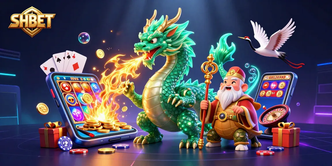 SHBET showcases a colorful slot game explosion featuring a jade dragon and lucky elements in a dynamic casino setting.