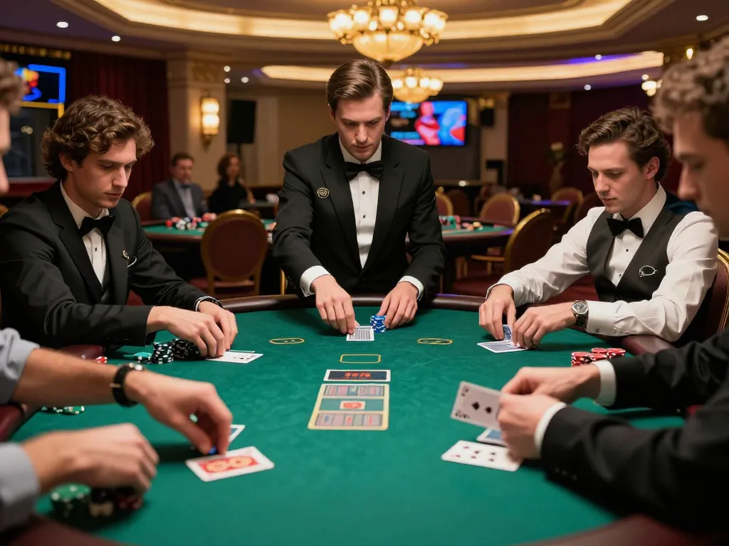 Intense poker gameplay with players and dealer showcasing NK88 strategy and excitement in a luxurious casino environment.