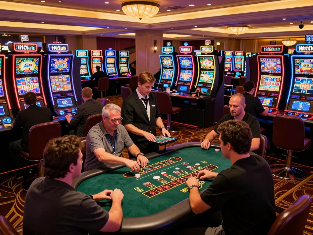 Players engaging in dynamic blackjack games at HITCLUB casino floor, showcasing excitement and strategy.