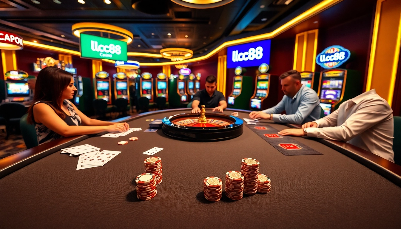 Exciting poker game at lc88 casino, showcasing players and vibrant casino atmosphere.