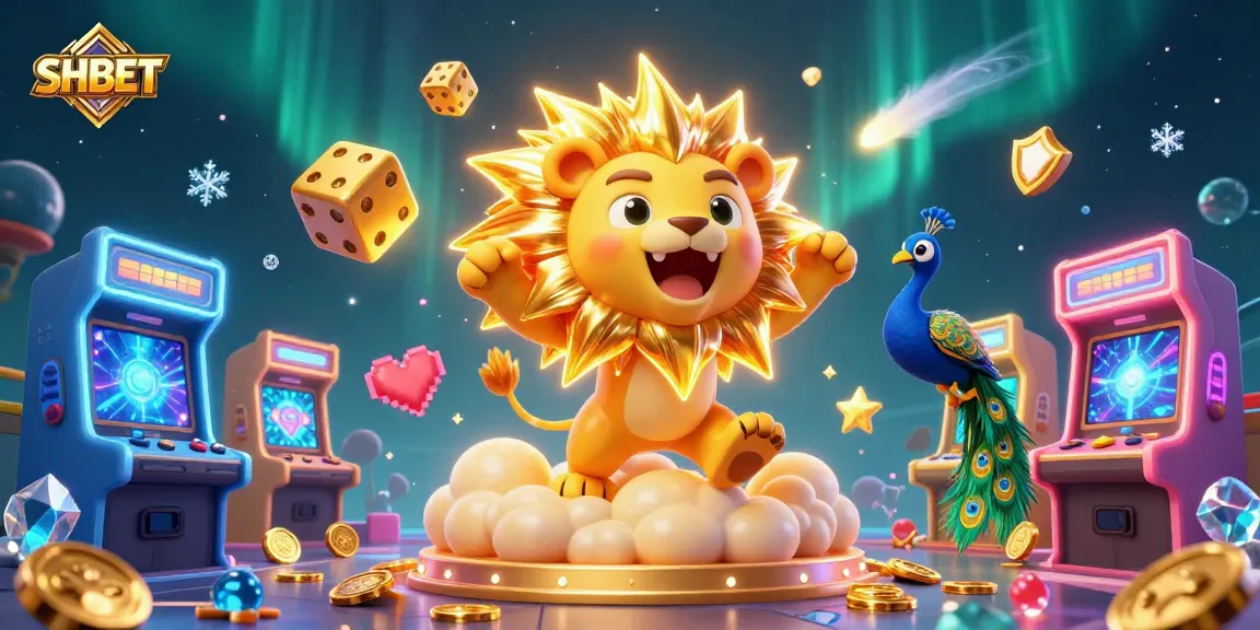 Win big with SHBET at this vibrant 3D casino scene featuring a roaring lion and golden dice.