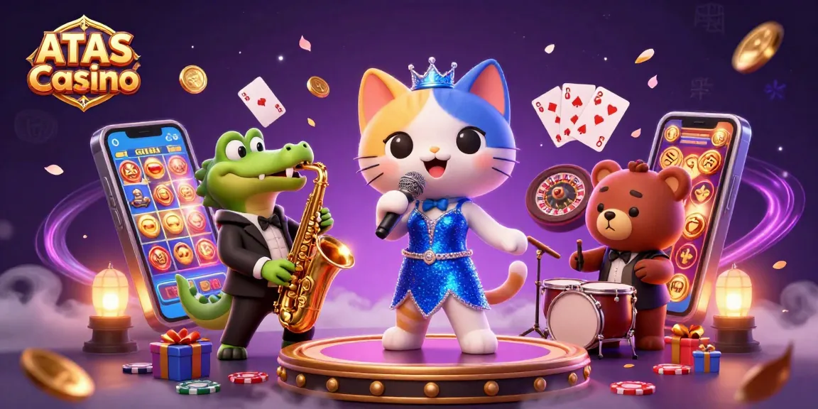 Experience thrilling fun at ATAS Casino with vibrant games and engaging characters in a dynamic 3D illustration.