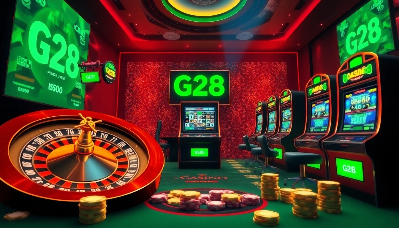 Experience the excitement of gambling with the luxurious Trang chủ G28 casino interface, featuring poker chips and a roulette wheel.