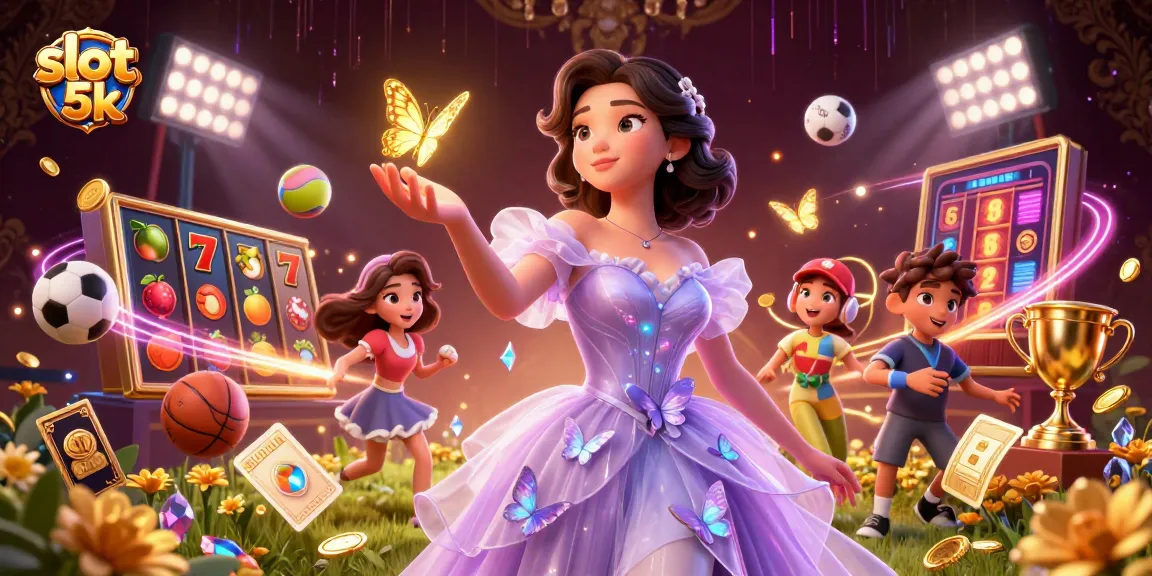 Engage in thrilling slot 5k gaming with jackpot reels and animated characters in a magical scene.