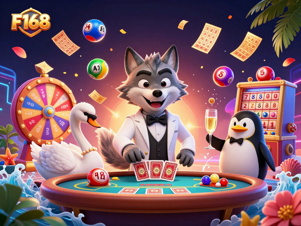 Experience the excitement of F168 with a vibrant casino scene featuring colorful elements and engaging characters.