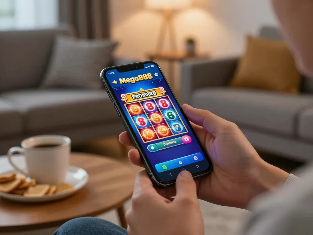 Pengalaman permainan aplikasi mudah alih Mega888 hari ini dalam suasana rumah yang selesa dengan visual yang cerah dan permainan yang menarik