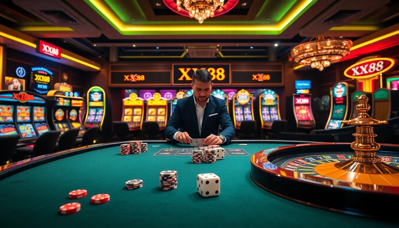 Gambling excitement at XX88 with poker, slots, and roulette in a luxurious casino setting.
