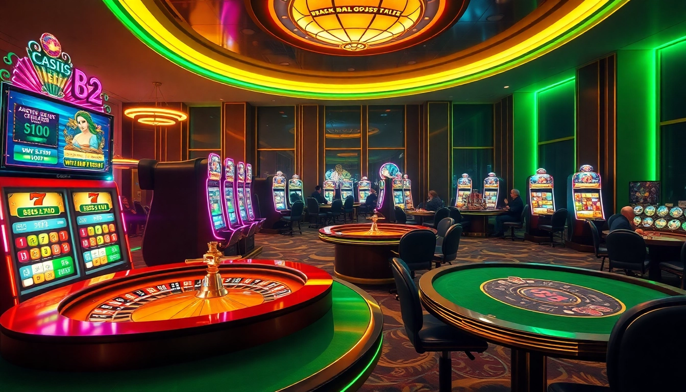 B52 showcases an immersive online casino environment with luxurious gaming tables and vibrant slot machines.