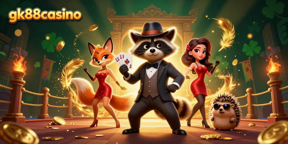 Experience thrilling games at gk88casino with a raccoon, fox, and hedgehog in a vibrant casino setting.