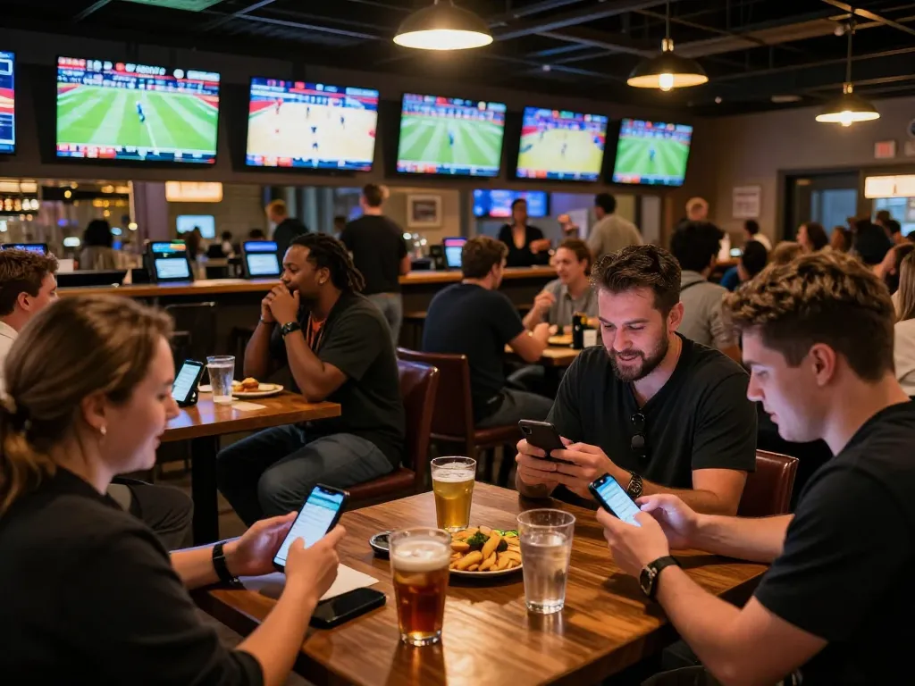 SIN88 bettors celebrating a win in a lively sports bar with multiple screens.