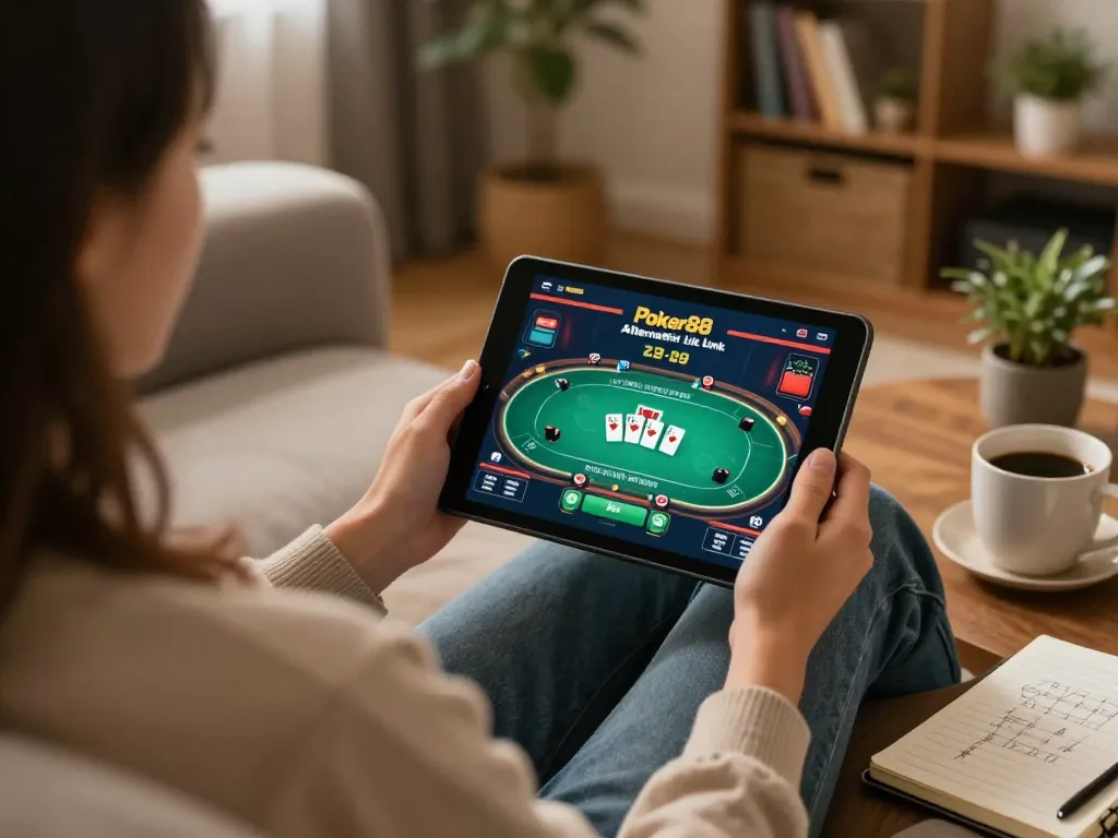 Engaging home scene with Poker88 Alternatif Link displayed on tablet, showcasing responsible gaming strategies.
