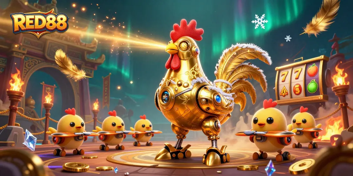 Win at RED88 with a retro-futuristic golden rooster robot amidst dynamic gambling elements