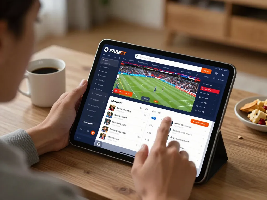 FABET user placing bets on a tablet in a cozy home setup during live sports events.
