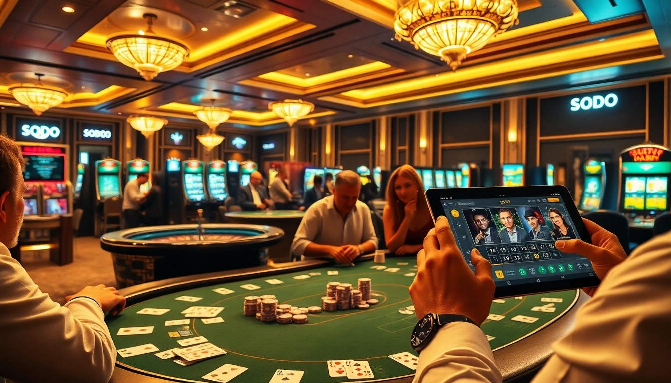 SODO casino players excitedly engaging at a poker table amidst a luxurious gaming environment.