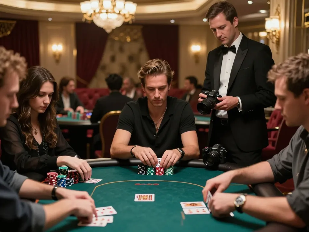 Pemain yang terlibat dalam permainan poker dengan taruhan tinggi, menunjukkan langkah-langkah strategis dan kegembiraan di meja kasino mewah, menekankan pada permainan toto.