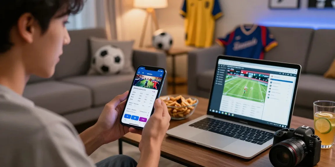 Engaged bettor using soikeonhacai.com.co for real-time sports betting insights in a lively living room.