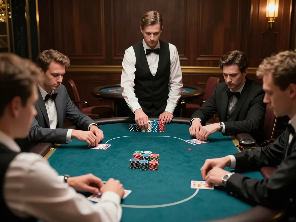 Players engaging in a high-stakes poker game at Xo88 casino, chips and cards in action, strategic atmosphere