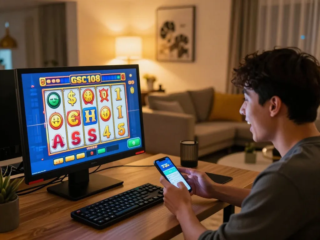 Pemain menikmati permainan mesin slot Gsc108 di suasana rumah yang nyaman, menunjukkan pengalaman bermain game online yang menarik.