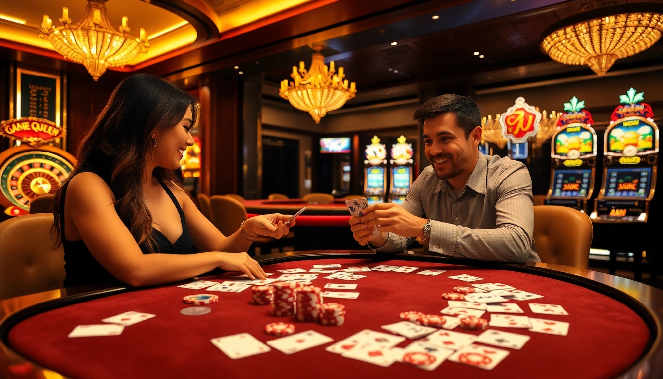 Players enjoying a high-stakes card game in a luxurious casino, embodying the essence of game queen.