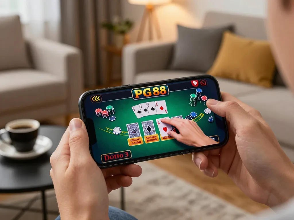 Playing blackjack on pg88 mobile app, showing user excitement in cozy atmosphere with clear cards and chips on screen.