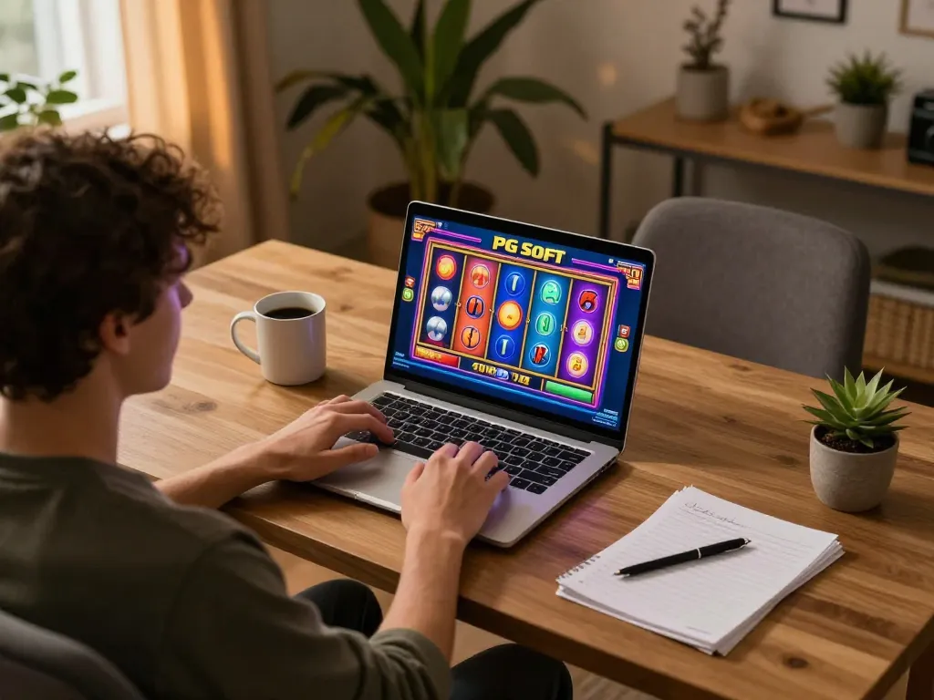 Terlibat dalam sesi Slot Demo di laptop dengan gulungan berwarna yang ditampilkan, mewujudkan sensasi permainan online.