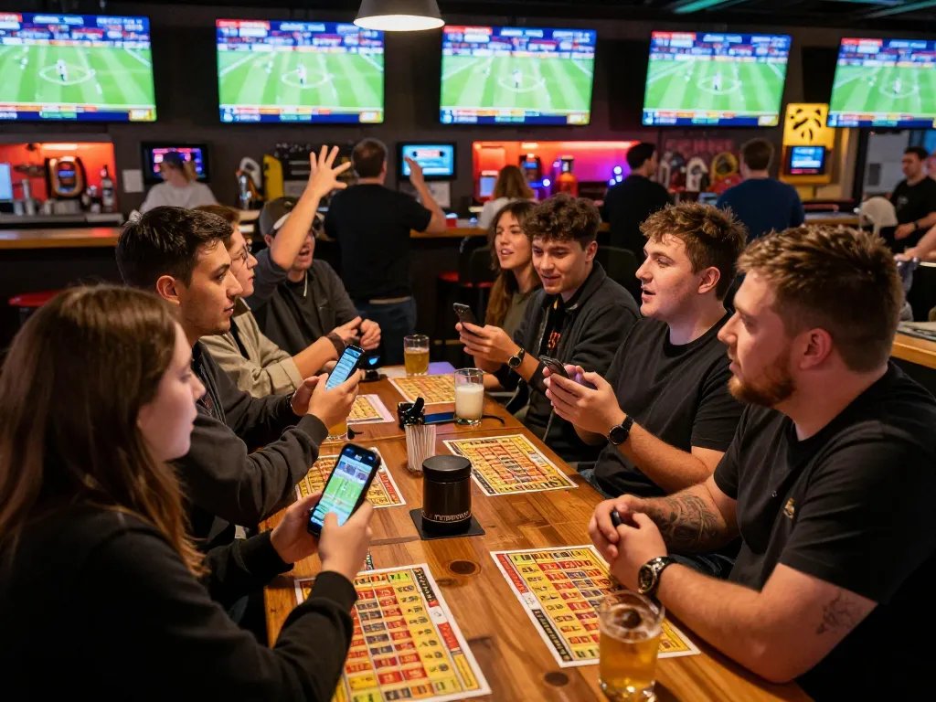 Players engaging in sports betting excitement at a vibrant sports bar, showcasing lv88seo and live match excitement.