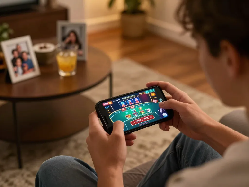 Playing casino utan svensk licens snabba uttag on a smartphone in a cozy setting