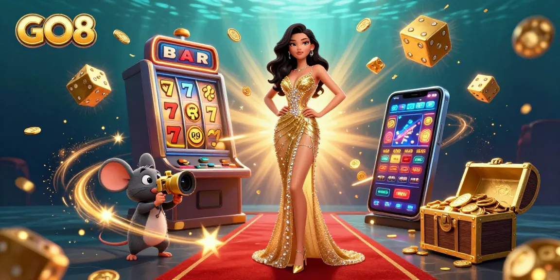 Experience the excitement of GO8 casino gaming with a glamorous scene featuring a stunning woman and dynamic jackpots.