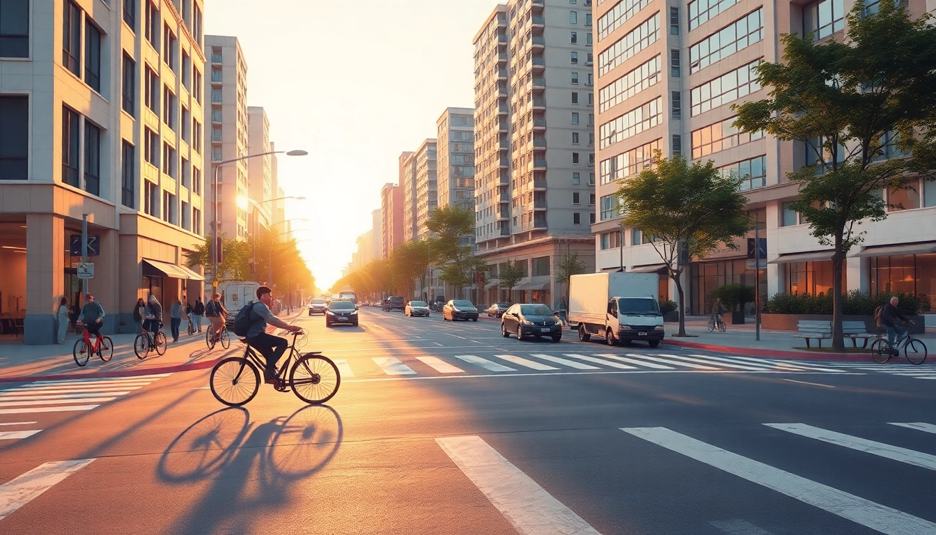 Intersection bicycle box (IA +18) in a vibrant urban setting at golden hour.