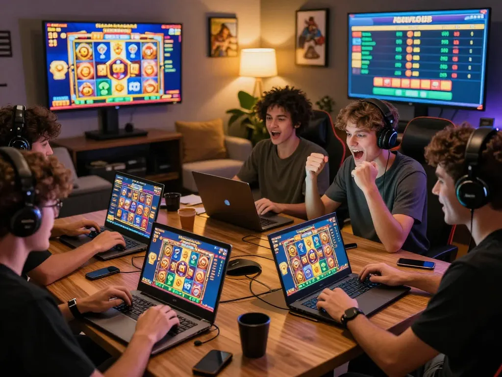 Exciting Zeus138 online gaming experience with diverse players enjoying vibrant slot games on multiple devices in a cozy gaming room.