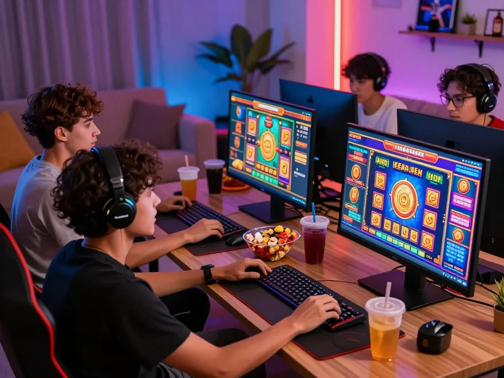 Friends enjoying a thrilling gaming session on situs slot gacor with vibrant slots and tasty snacks in a cozy setting.