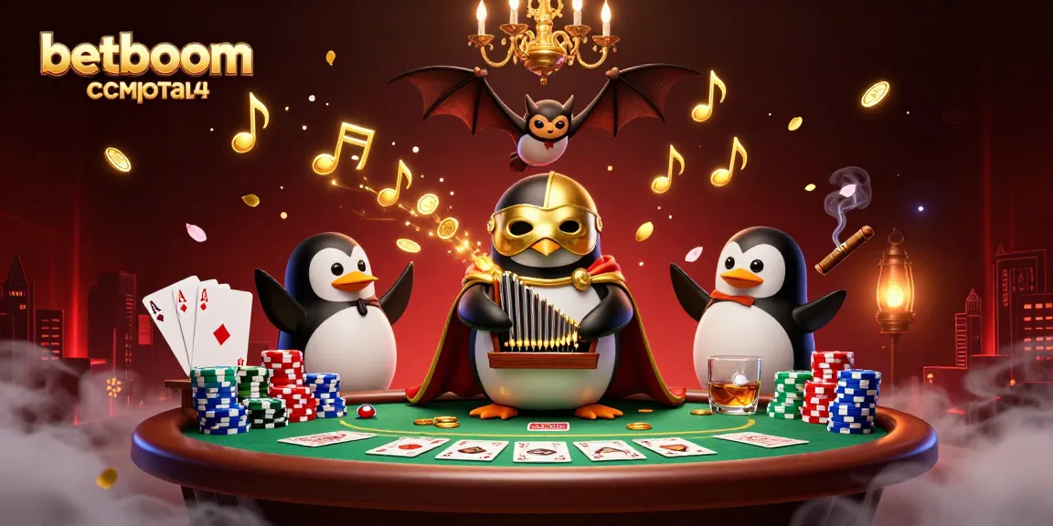 Betboom скачать illustrated scene with a penguin playing an organ while golden coins fly in a vibrant casino setting.