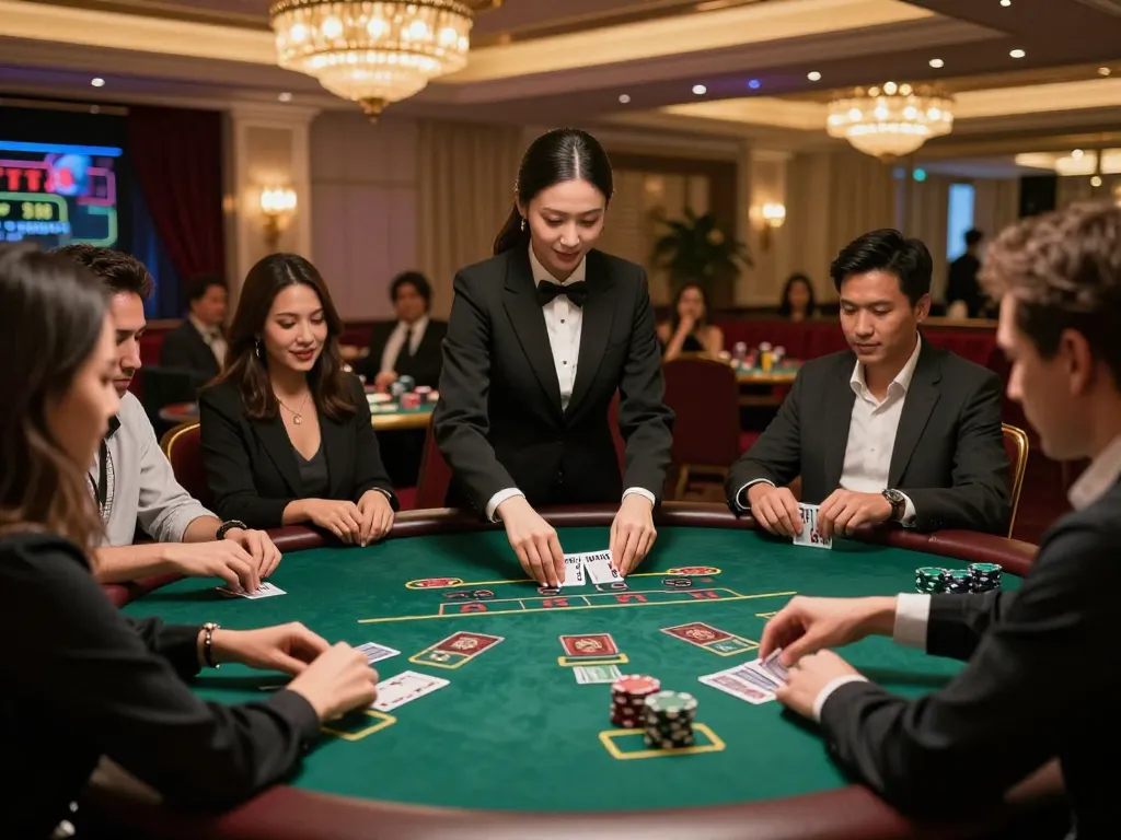 Engaged players in a high-stakes blackjack game at TT88 live casino, showcasing strategy and excitement.