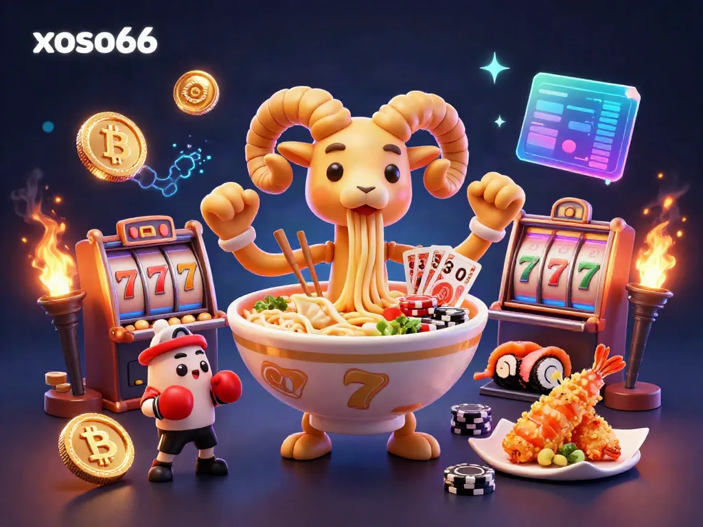 Xoso66 giant ramen bowl mascot demonstrates casino gaming with slot elements and neon crypto coins.