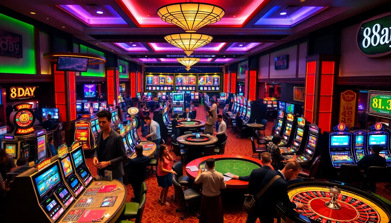 Players enjoying an exciting casino experience at 8DAY with vibrant gaming tables and slot machines.