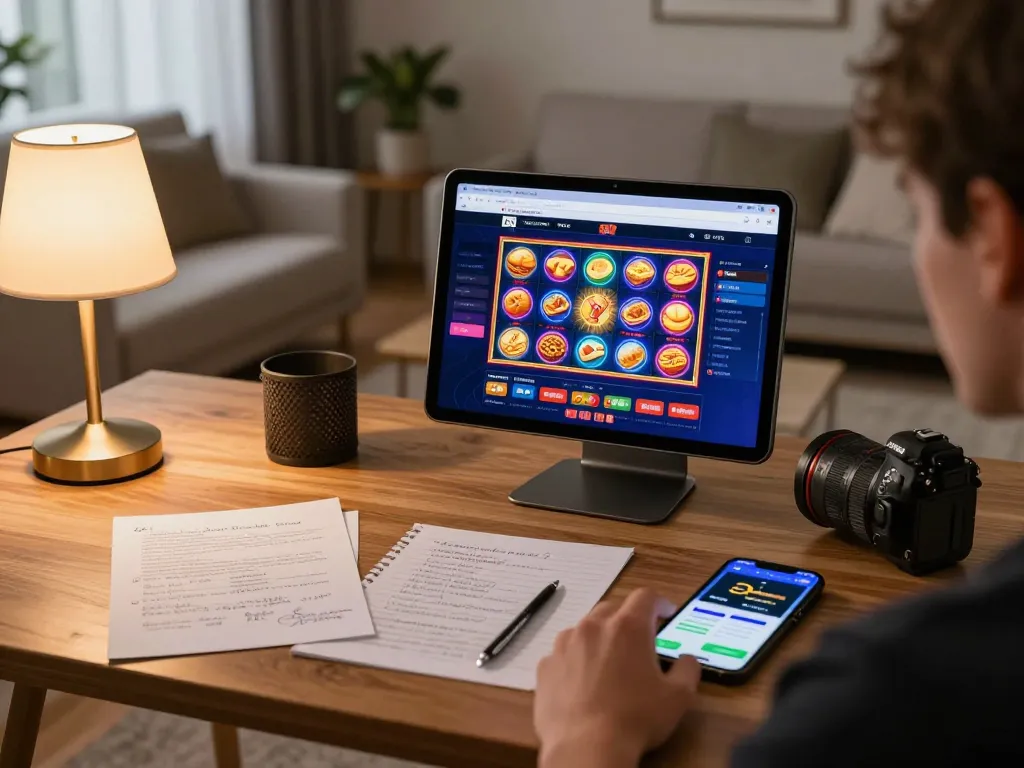 Engage with KDTOTO's online gaming experience through a cozy home setup featuring vibrant slot game screens.