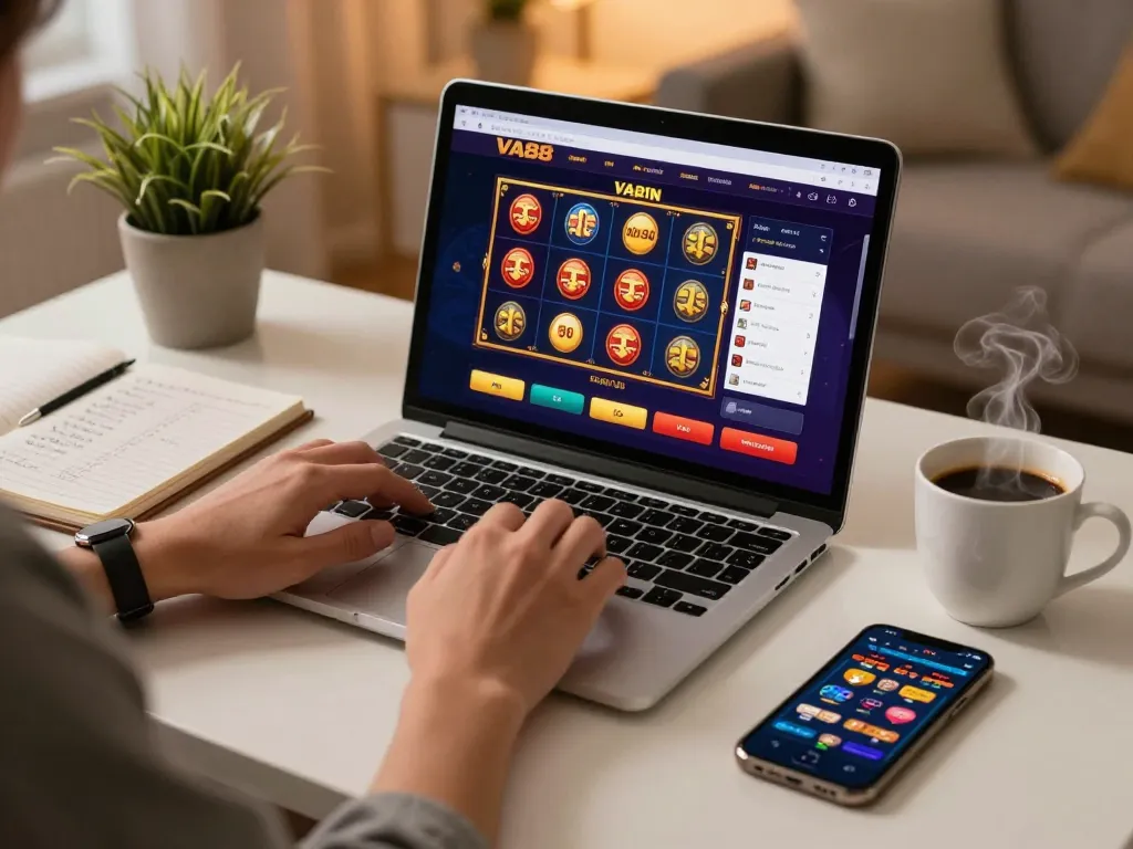 Engaging online gaming session on VA88 platform with vibrant slot games displayed on laptop.