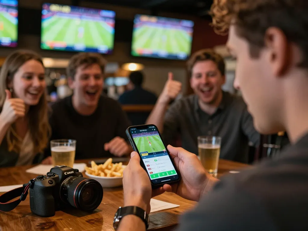 Placing bets on mobile app at sports bar while enjoying the game on screens with friends reflecting the lively environment at PP9WIN