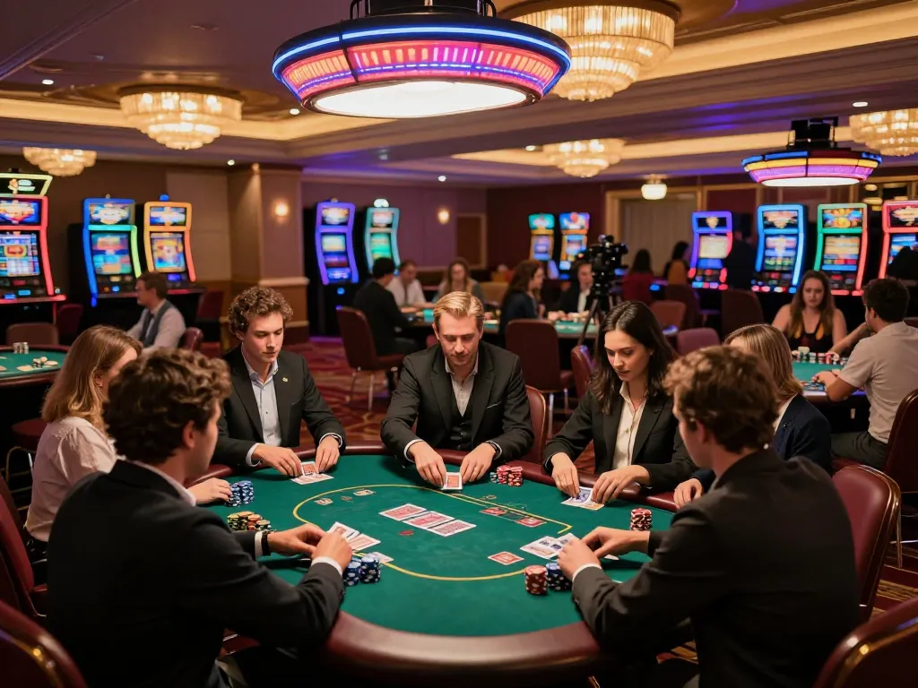 Players enjoying a game at ALO8 Live casino with active poker tables and vibrant atmosphere.