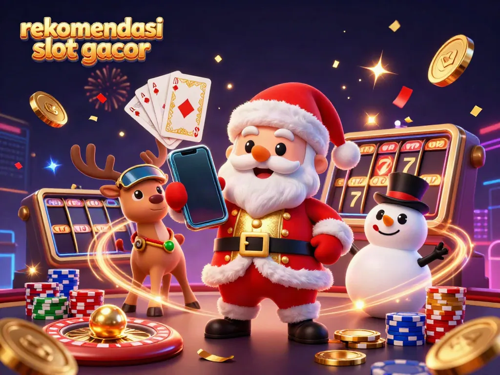 Rekomendasi slot gacor dengan Santa, rusa, dan manusia salju merayakan kemenangan jackpot.