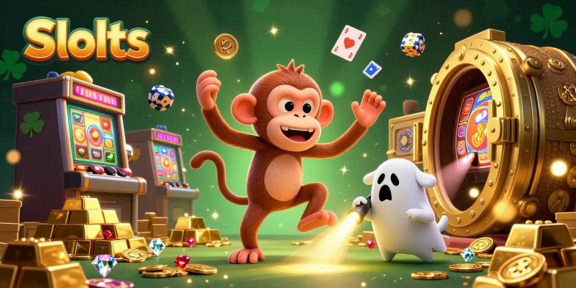 Experience thrilling action in Slots with a playful poltergeist monkey and ghost-hunter puppy in a vibrant casino scene.