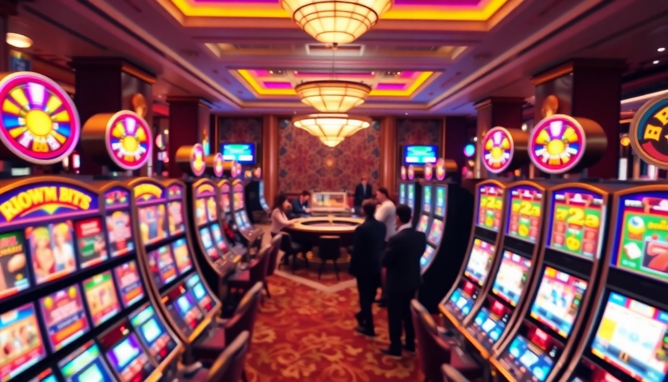 Players enjoying various slot machines in a vibrant casino atmosphere with colorful lights.