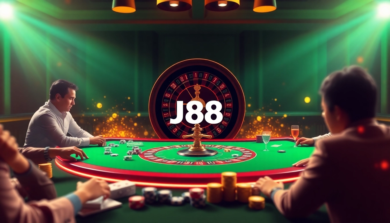 Experience high-stakes gaming at J88’s vibrant poker table amid luxury casino vibes.