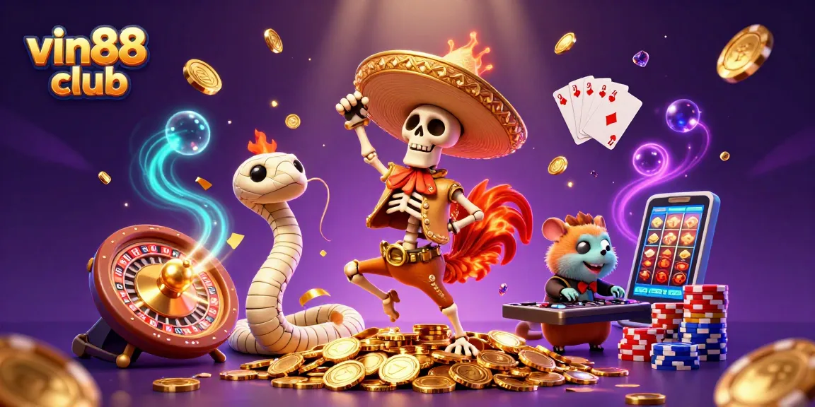vin88 club celebrates with a lively mariachi scene, showcasing vibrant characters and casino elements.