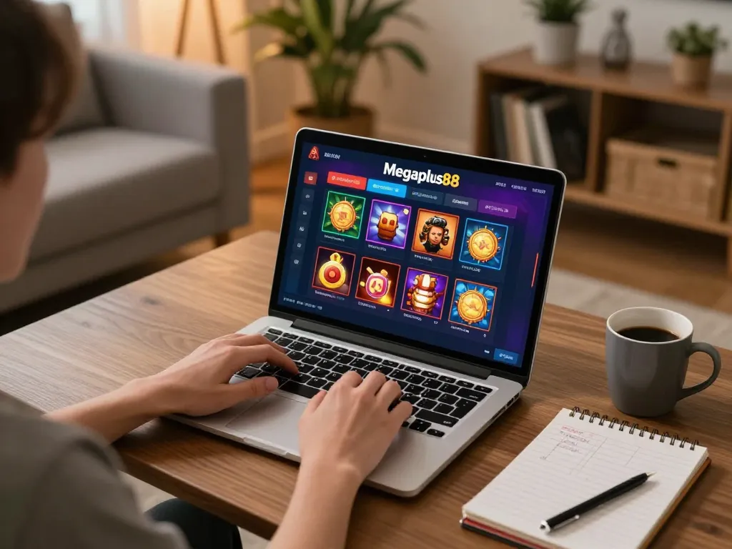 Engaging gameplay session on megaplus88 with a player at home analyzing strategies.